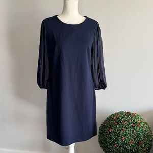 NWT DKNY Navy Shift Dress with Sheer Pleated Sleeves Sz 10